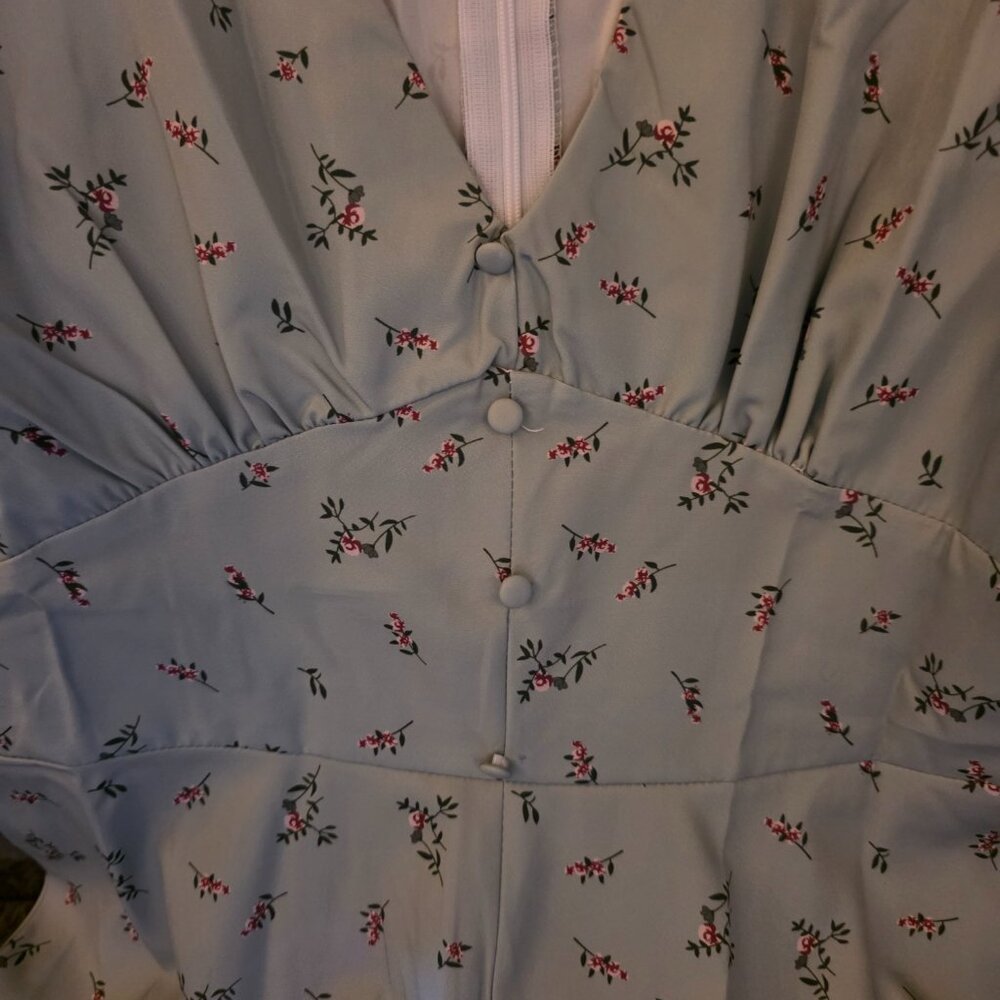 1940's V Neck Green Lantern Sleeves Floral (L) - Picture 3 of 6